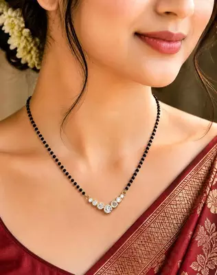 Black Beaded Mangalsutra Necklace, Gold Tone CZ Pendant, Indian Wedding Jewelry 1
