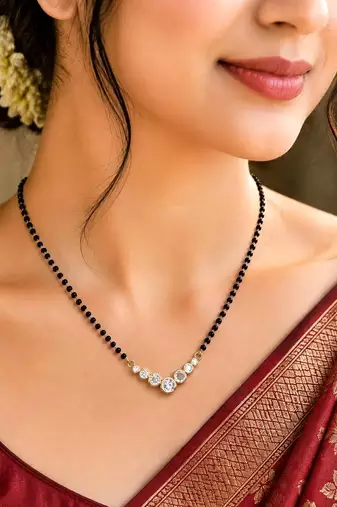 Black Beaded Mangalsutra Necklace, Gold Tone CZ Pendant, Indian Wedding Jewelry