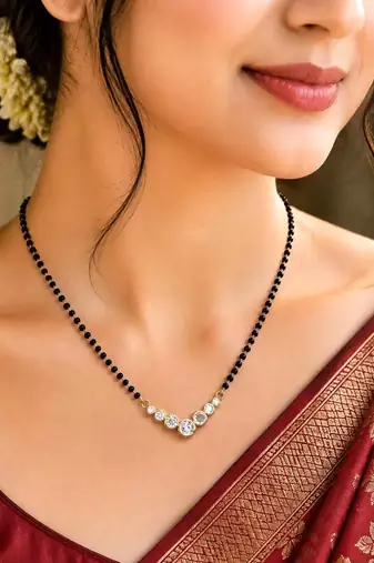 Black Beaded Mangalsutra Necklace, Gold Tone CZ Pendant, Indian Wedding Jewelry
