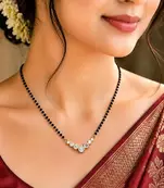 Black Beaded Mangalsutra Necklace, Gold Tone CZ Pendant, Indian Wedding Jewelry