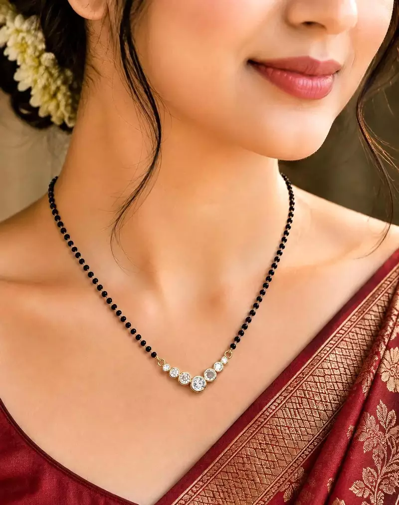 Black Beaded Mangalsutra Necklace, Gold Tone CZ Pendant, Indian Wedding Jewelry