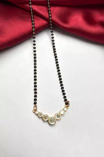 Black Beaded Mangalsutra Necklace, Gold Tone CZ Pendant, Indian Wedding Jewelry