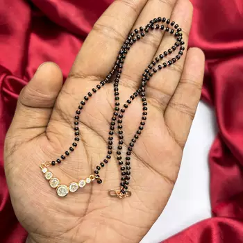Black Beaded Mangalsutra Necklace, Gold Tone CZ Pendant, Indian Wedding Jewelry 3