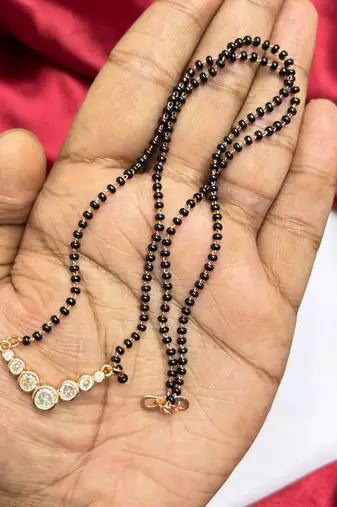 Black Beaded Mangalsutra Necklace, Gold Tone CZ Pendant, Indian Wedding Jewelry