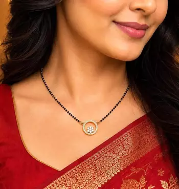 Black Beaded Mangalsutra Necklace, Gold Plated Round Pendant, Traditional Indian Wedding Jewelry 1