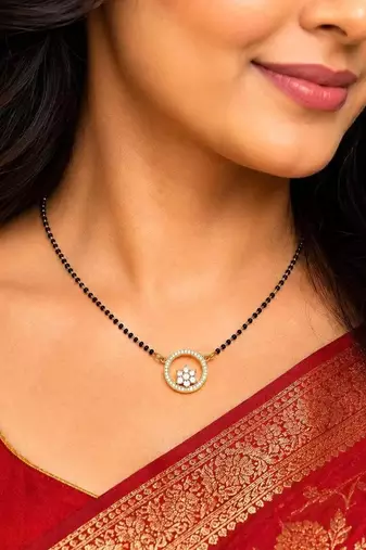 Black Beaded Mangalsutra Necklace, Gold Plated Round Pendant, Traditional Indian Wedding Jewelry