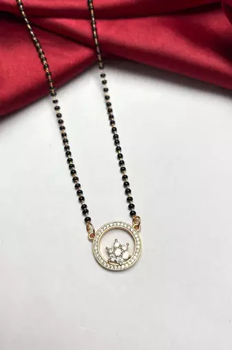 Black Beaded Mangalsutra Necklace, Gold Plated Round Pendant, Traditional Indian Wedding Jewelry