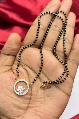 Black Beaded Mangalsutra Necklace, Gold Plated Round Pendant, Traditional Indian Wedding Jewelry