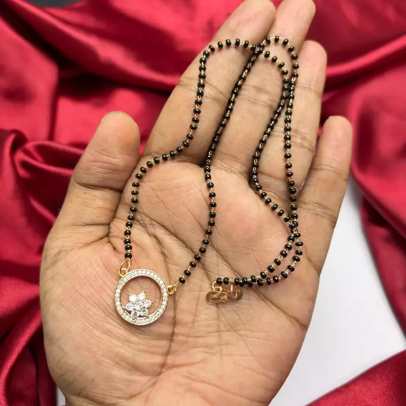 Black Beaded Mangalsutra Necklace, Gold Plated Round Pendant, Traditional Indian Wedding Jewelry