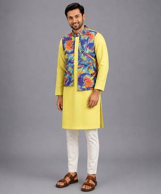Lime yellow printed cotton silk kurta set 1