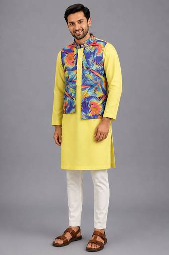Lime yellow printed cotton silk kurta set