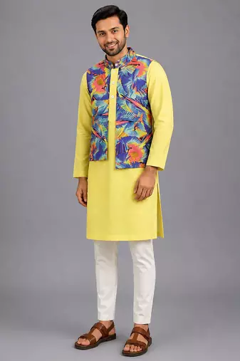 Lime yellow printed cotton silk kurta set