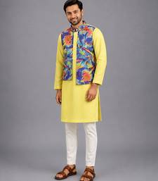 Lime yellow printed cotton silk kurta set