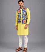 Lime yellow printed cotton silk kurta set