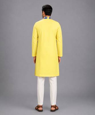 Lime yellow printed cotton silk kurta set 2