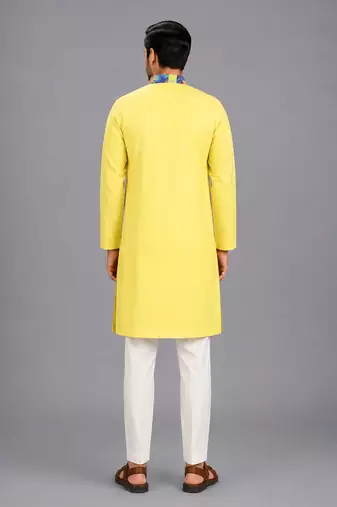 Lime yellow printed cotton silk kurta set