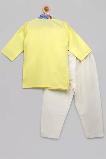 Lime yellow printed cotton silk kurta set