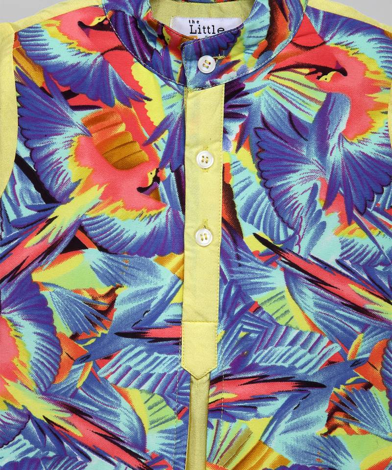 Lime yellow printed cotton silk kurta set