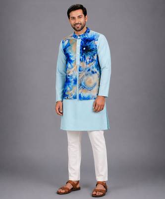 Pastel blue printed cotton silk kurta set 1