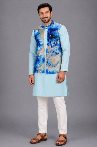 Pastel blue printed cotton silk kurta set