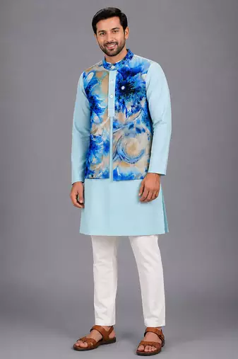 Pastel blue printed cotton silk kurta set