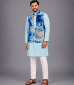 Pastel blue printed cotton silk kurta set