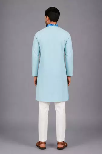 Pastel blue printed cotton silk kurta set