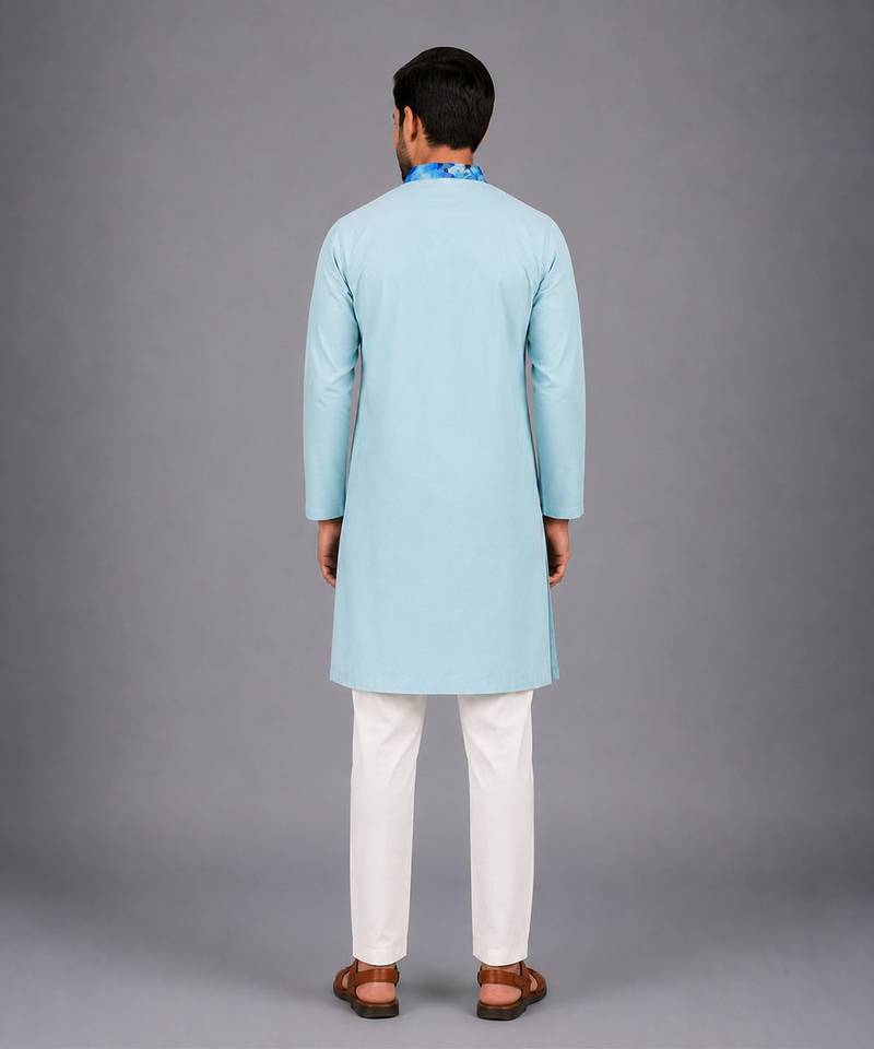 Pastel blue printed cotton silk kurta set