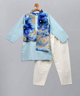 Pastel blue printed cotton silk kurta set 3