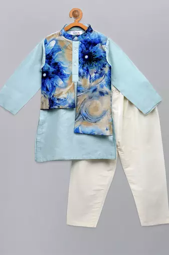 Pastel blue printed cotton silk kurta set