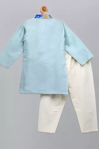 Pastel blue printed cotton silk kurta set