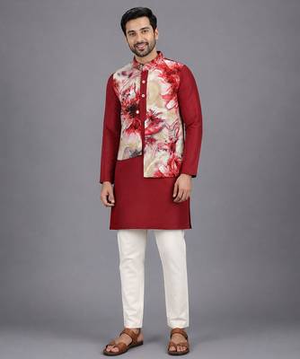 Deep red printed cotton silk kurta set 1