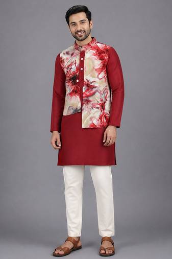 Deep red printed cotton silk kurta set