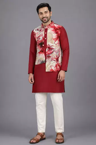 Deep red printed cotton silk kurta set