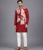 Deep red printed cotton silk kurta set