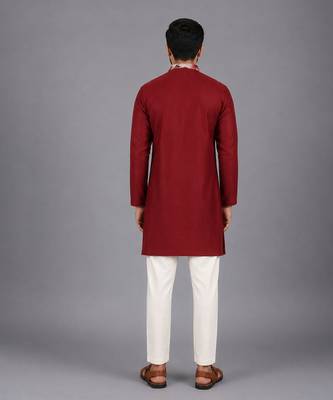 Deep red printed cotton silk kurta set 2