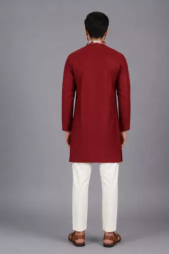 Deep red printed cotton silk kurta set