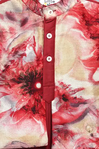 Deep red printed cotton silk kurta set