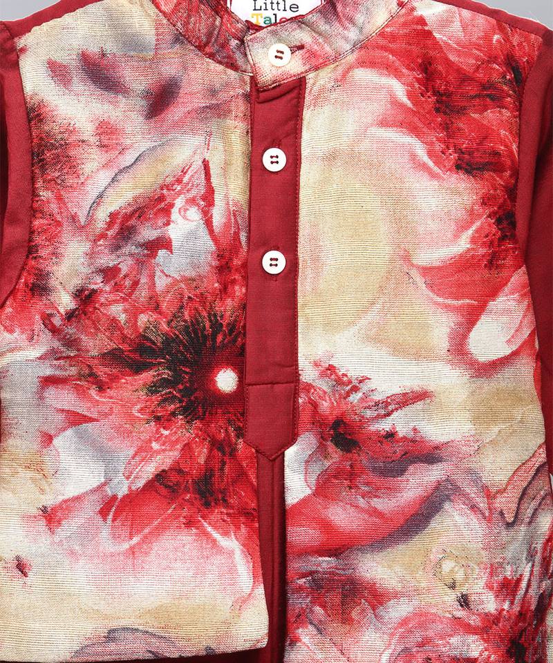 Deep red printed cotton silk kurta set