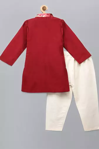 Deep red printed cotton silk kurta set