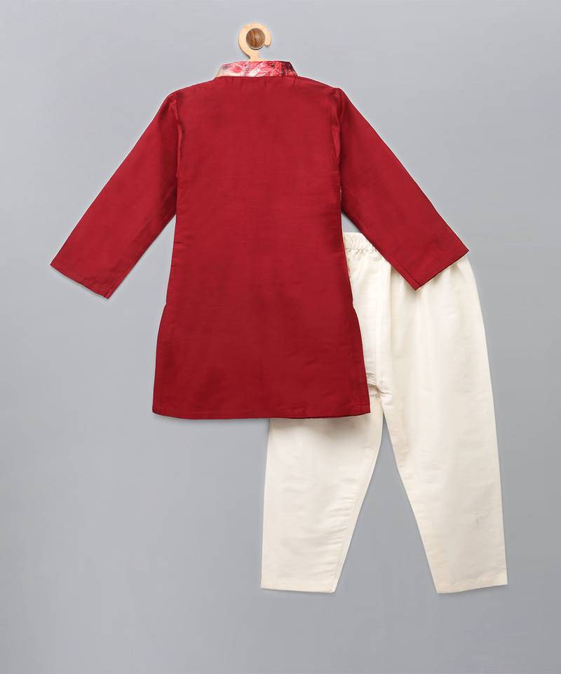 Deep red printed cotton silk kurta set