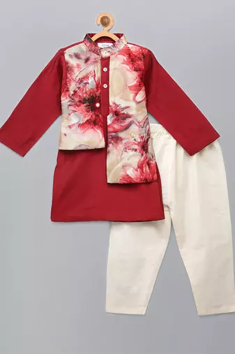 Deep red printed cotton silk kurta set
