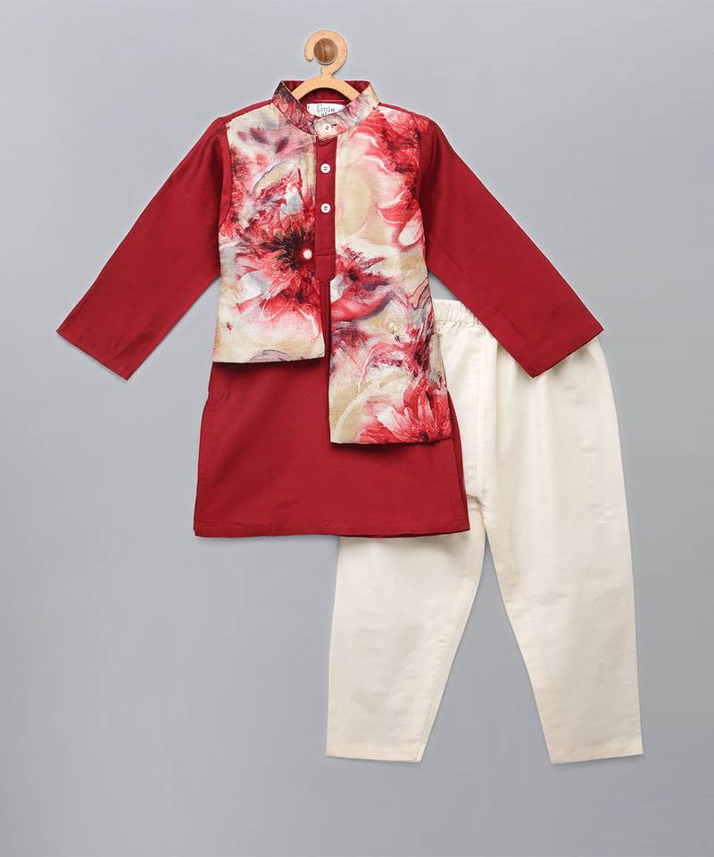 Deep red printed cotton silk kurta set