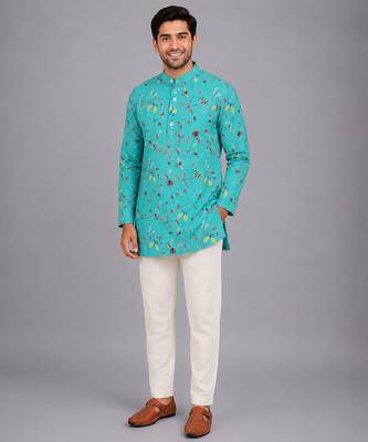 Blue printed cotton silk kurta set 1