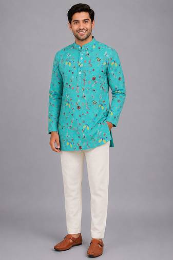 Blue printed cotton silk kurta set