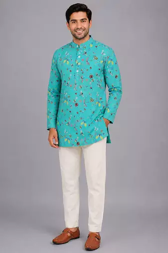 Blue printed cotton silk kurta set