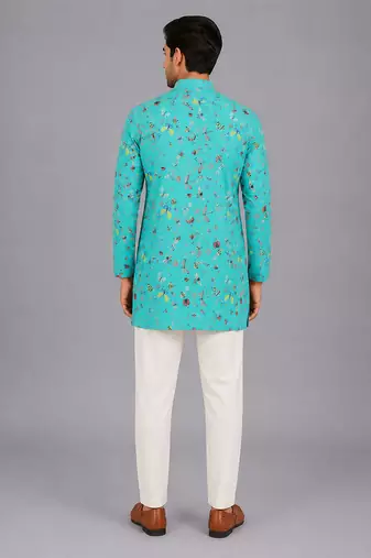 Blue printed cotton silk kurta set