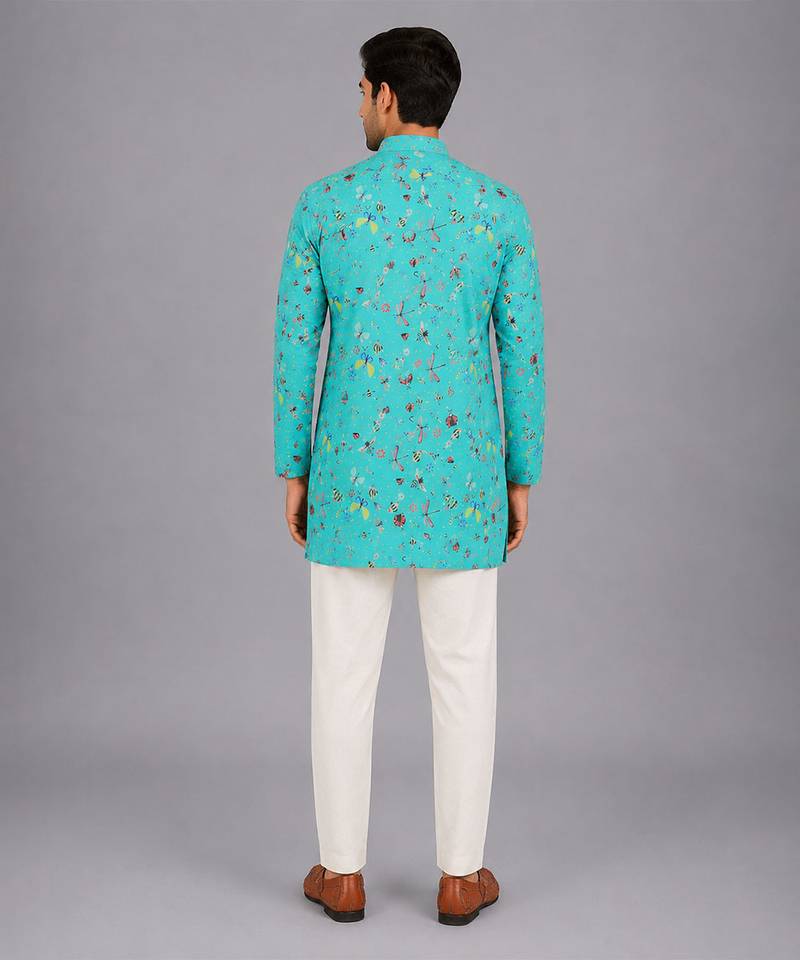 Blue printed cotton silk kurta set