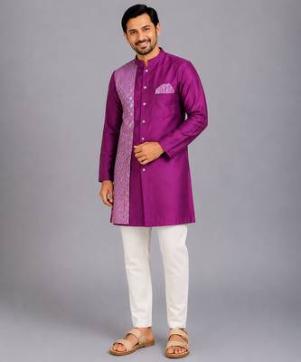 Purple woven cotton silk kurta set 1