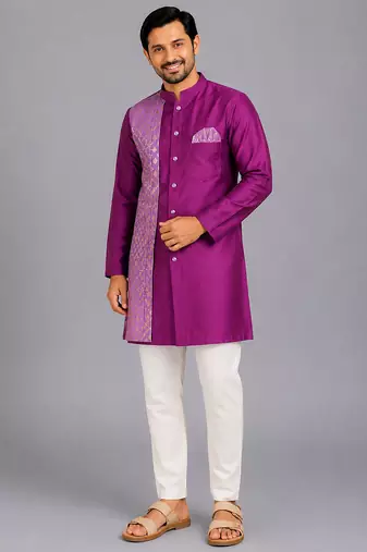 Purple woven cotton silk kurta set